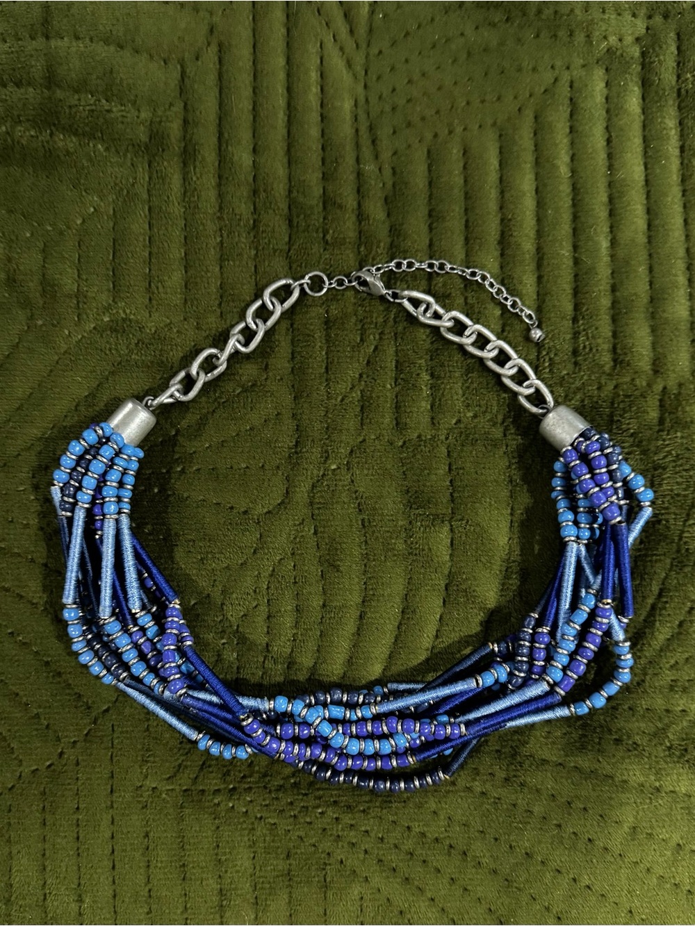 Handmade Statement Necklace Blue Multi-Strand Acrylic and String Beads